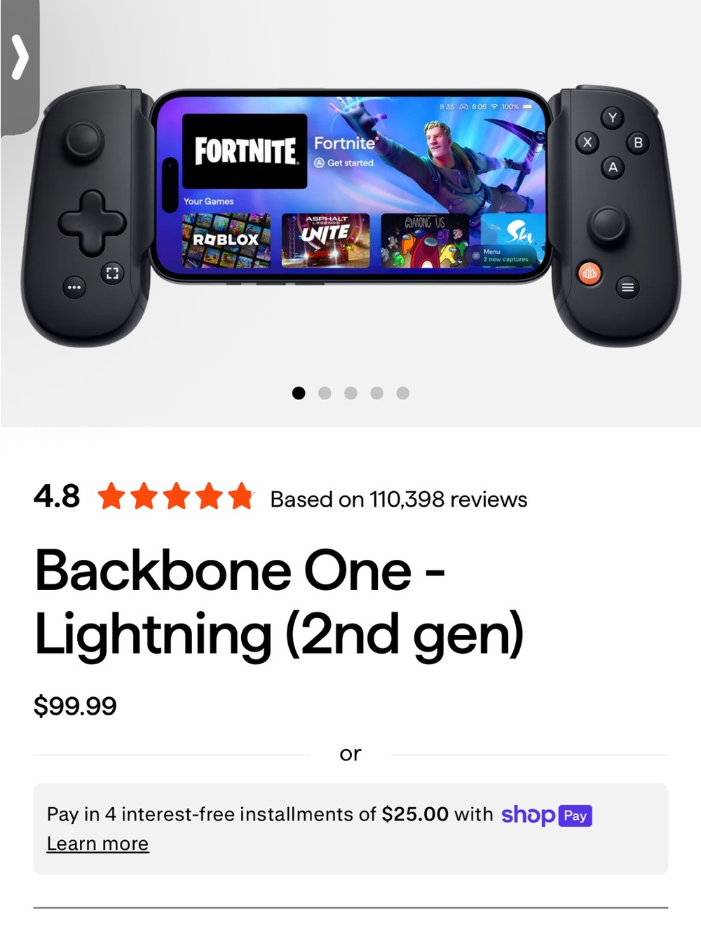 Backbone One (2nd Gen) Lightning Mobile Gaming Controller — Black